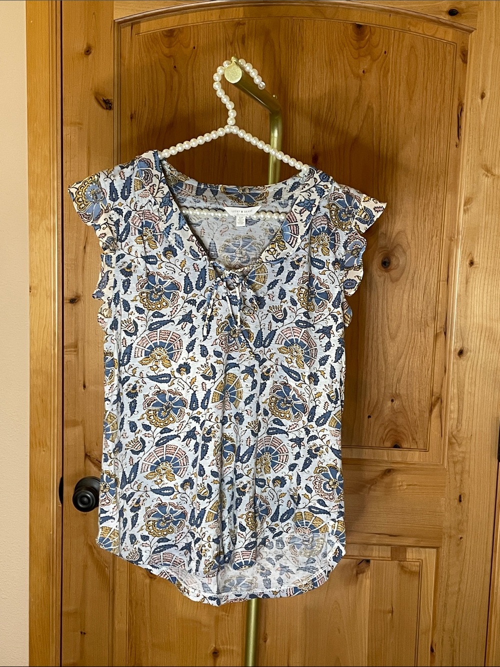 Lucky Brand Blue and Mustard Floral Tie-Front Flutter Sleeve Top Size S